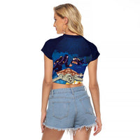 Polynesian Scuba Diving Raglan Cropped T Shirt Honu with Hibiscus and Plumeria Flower and Tapa Tribal Pattern LT03 - Polynesian Pride