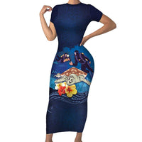 Polynesian Scuba Diving Short Sleeve Bodycon Dress Honu with Hibiscus and Plumeria Flower and Tapa Tribal Pattern LT03 Long Dress Blue - Polynesian Pride