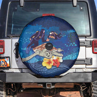 Polynesian Scuba Diving Spare Tire Cover Honu with Hibiscus and Plumeria Flower and Tapa Tribal Pattern LT03 Blue - Polynesian Pride