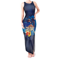 Polynesian Scuba Diving Tank Maxi Dress Honu with Hibiscus and Plumeria Flower and Tapa Tribal Pattern