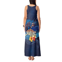 Polynesian Scuba Diving Tank Maxi Dress Honu with Hibiscus and Plumeria Flower and Tapa Tribal Pattern