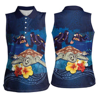 Polynesian Scuba Diving Women Sleeveless Polo Shirt Honu with Hibiscus and Plumeria Flower and Tapa Tribal Pattern LT03 - Polynesian Pride