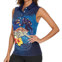 Polynesian Scuba Diving Women Sleeveless Polo Shirt Honu with Hibiscus and Plumeria Flower and Tapa Tribal Pattern LT03 - Polynesian Pride
