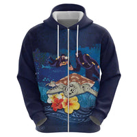 Polynesian Scuba Diving Zip Hoodie Honu with Hibiscus and Plumeria Flower and Tapa Tribal Pattern LT03 - Polynesian Pride