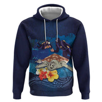 Polynesian Scuba Diving Zip Hoodie Honu with Hibiscus and Plumeria Flower and Tapa Tribal Pattern LT03 Pullover Hoodie Blue - Polynesian Pride