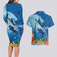 Polynesian Scuba Diving Couples Matching Long Sleeve Bodycon Dress and Hawaiian Shirt Beauty Corals with Underwater and Polynesian Pattern LT03 - Polynesian Pride