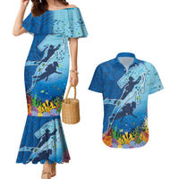 Polynesian Scuba Diving Couples Matching Mermaid Dress and Hawaiian Shirt Beauty Corals with Underwater and Polynesian Pattern LT03 Blue - Polynesian Pride