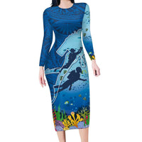 Polynesian Scuba Diving Family Matching Long Sleeve Bodycon Dress and Hawaiian Shirt Beauty Corals with Underwater and Polynesian Pattern LT03 Mom's Dress Blue - Polynesian Pride
