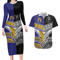Custom Rugby Niue and Aotearoa Couples Matching Long Sleeve Bodycon Dress and Hawaiian Shirt Hiapo with Maori Moko Tribal Heritage Tattoos LT03 Black - Polynesian Pride