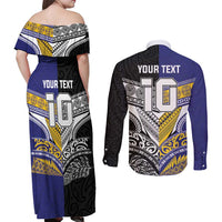 Custom Rugby Niue and Aotearoa Couples Matching Off Shoulder Maxi Dress and Long Sleeve Button Shirt Hiapo with Maori Moko Tribal Heritage Tattoos LT03 - Polynesian Pride