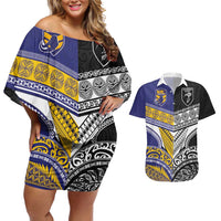 Custom Rugby Niue and Aotearoa Couples Matching Off Shoulder Short Dress and Hawaiian Shirt Hiapo with Maori Moko Tribal Heritage Tattoos LT03 Black - Polynesian Pride