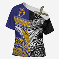 Custom Rugby Niue and Aotearoa Cross Shoulder Shirt Hiapo with Maori Moko Tribal Heritage Tattoos LT03 Female Black - Polynesian Pride