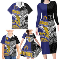Custom Rugby Niue and Aotearoa Family Matching Long Sleeve Bodycon Dress and Hawaiian Shirt Hiapo with Maori Moko Tribal Heritage Tattoos LT03 - Polynesian Pride