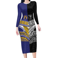 Custom Rugby Niue and Aotearoa Family Matching Long Sleeve Bodycon Dress and Hawaiian Shirt Hiapo with Maori Moko Tribal Heritage Tattoos LT03 Mom's Dress Black - Polynesian Pride
