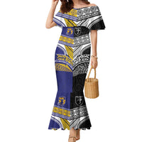 Custom Rugby Niue and Aotearoa Family Matching Mermaid Dress and Hawaiian Shirt Hiapo with Maori Moko Tribal Heritage Tattoos LT03 Mom's Dress Black - Polynesian Pride