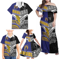 Custom Rugby Niue and Aotearoa Family Matching Off Shoulder Maxi Dress and Hawaiian Shirt Hiapo with Maori Moko Tribal Heritage Tattoos LT03 - Polynesian Pride