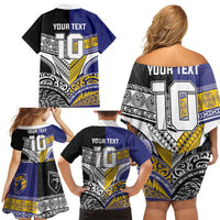 Custom Rugby Niue and Aotearoa Family Matching Off Shoulder Short Dress and Hawaiian Shirt Hiapo with Maori Moko Tribal Heritage Tattoos LT03 - Polynesian Pride