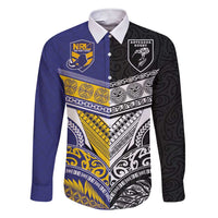 Custom Rugby Niue and Aotearoa Family Matching Short Sleeve Bodycon Dress and Hawaiian Shirt Hiapo with Maori Moko Tribal Heritage Tattoos LT03 Dad's Shirt - Long Sleeve Black - Polynesian Pride