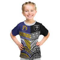Custom Rugby Niue and Aotearoa Kid T Shirt Hiapo with Maori Moko Tribal Heritage Tattoos LT03 Black - Polynesian Pride