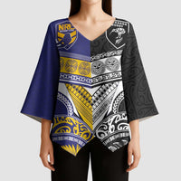 Custom Rugby Niue and Aotearoa Kimono Sleeve Blouse Hiapo with Maori Moko Tribal Heritage Tattoos LT03 - Polynesian Pride