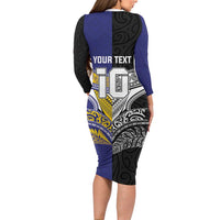 Custom Rugby Niue and Aotearoa Long Sleeve Bodycon Dress Hiapo with Maori Moko Tribal Heritage Tattoos LT03 - Polynesian Pride