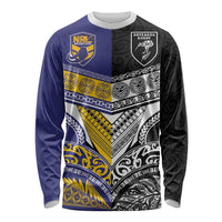 Custom Rugby Niue and Aotearoa Long Sleeve Shirt Hiapo with Maori Moko Tribal Heritage Tattoos LT03 Unisex Black - Polynesian Pride