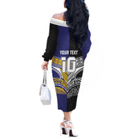 Custom Rugby Niue and Aotearoa Off The Shoulder Long Sleeve Dress Hiapo with Maori Moko Tribal Heritage Tattoos LT03 - Polynesian Pride