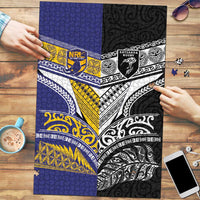 Rugby Niue and Aotearoa Puzzle Hiapo with Maori Moko Tribal Heritage Tattoos LT03 Black - Polynesian Pride