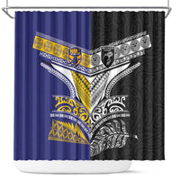 Rugby Niue and Aotearoa Shower Curtain Hiapo with Maori Moko Tribal Heritage Tattoos LT03 Black - Polynesian Pride