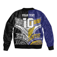 Custom Rugby Niue and Aotearoa Sleeve Zip Bomber Jacket Hiapo with Maori Moko Tribal Heritage Tattoos LT03 - Polynesian Pride