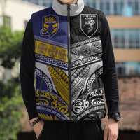 Custom Rugby Niue and Aotearoa Sleeveless Puffer Jacket Hiapo with Maori Moko Tribal Heritage Tattoos LT03 - Polynesian Pride