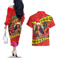 Hawaii Christmas Couples Matching Off The Shoulder Long Sleeve Dress and Hawaiian Shirt Hula Girl Hibiscus With Hawaiian Style Tribal Fabric Patchwork LT03 - Polynesian Pride