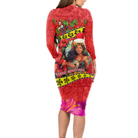 Hawaii Christmas Long Sleeve Bodycon Dress Hula Girl Hibiscus With Hawaiian Style Tribal Fabric Patchwork LT03 - Polynesian Pride
