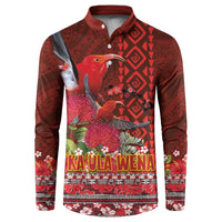 Hawaii KaUla Wena Iiwi Button Sweatshirt With Tropical Plants and 'Ohi'a lehua Kakau Art Tattoo LT03 Red - Polynesian Pride
