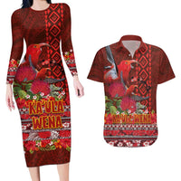Hawaii KaUla Wena Iiwi Couples Matching Long Sleeve Bodycon Dress and Hawaiian Shirt With Tropical Plants and 'Ohi'a lehua Kakau Art Tattoo LT03 Red - Polynesian Pride