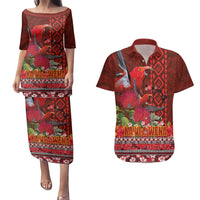 Hawaii KaUla Wena Iiwi Couples Matching Puletasi and Hawaiian Shirt With Tropical Plants and 'Ohi'a lehua Kakau Art Tattoo LT03 Red - Polynesian Pride