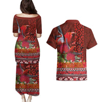 Hawaii KaUla Wena Iiwi Couples Matching Puletasi and Hawaiian Shirt With Tropical Plants and 'Ohi'a lehua Kakau Art Tattoo LT03 - Polynesian Pride