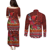 Hawaii KaUla Wena Iiwi Couples Matching Puletasi and Long Sleeve Button Shirt With Tropical Plants and 'Ohi'a lehua Kakau Art Tattoo LT03 - Polynesian Pride