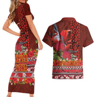 Hawaii KaUla Wena Iiwi Couples Matching Short Sleeve Bodycon Dress and Hawaiian Shirt With Tropical Plants and 'Ohi'a lehua Kakau Art Tattoo LT03 - Polynesian Pride