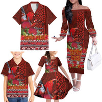 Hawaii KaUla Wena Iiwi Family Matching Off The Shoulder Long Sleeve Dress and Hawaiian Shirt With Tropical Plants and 'Ohi'a lehua Kakau Art Tattoo LT03 - Polynesian Pride