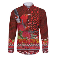 Hawaii KaUla Wena Iiwi Family Matching Off The Shoulder Long Sleeve Dress and Hawaiian Shirt With Tropical Plants and 'Ohi'a lehua Kakau Art Tattoo LT03 Dad's Shirt - Long Sleeve Red - Polynesian Pride