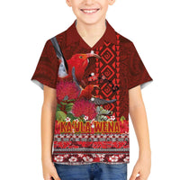 Hawaii KaUla Wena Iiwi Family Matching Off The Shoulder Long Sleeve Dress and Hawaiian Shirt With Tropical Plants and 'Ohi'a lehua Kakau Art Tattoo LT03 Son's Shirt Red - Polynesian Pride