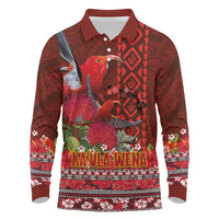 Hawaii KaUla Wena Iiwi Long Sleeve Polo Shirt With Tropical Plants and 'Ohi'a lehua Kakau Art Tattoo LT03 Red - Polynesian Pride