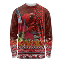 Hawaii KaUla Wena Iiwi Long Sleeve Shirt With Tropical Plants and 'Ohi'a lehua Kakau Art Tattoo LT03 Unisex Red - Polynesian Pride