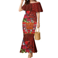 Hawaii KaUla Wena Iiwi Mermaid Dress With Tropical Plants and 'Ohi'a lehua Kakau Art Tattoo LT03 Women Red - Polynesian Pride