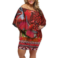 Hawaii KaUla Wena Iiwi Off Shoulder Short Dress With Tropical Plants and 'Ohi'a lehua Kakau Art Tattoo LT03 Women Red - Polynesian Pride