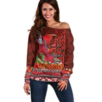 Hawaii KaUla Wena Iiwi Off Shoulder Sweater With Tropical Plants and 'Ohi'a lehua Kakau Art Tattoo LT03 Women Red - Polynesian Pride