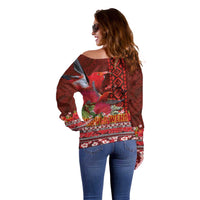 Hawaii KaUla Wena Iiwi Off Shoulder Sweater With Tropical Plants and 'Ohi'a lehua Kakau Art Tattoo LT03 - Polynesian Pride