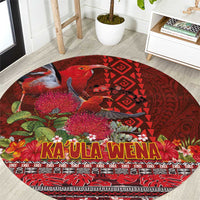Hawaii KaUla Wena Iiwi Round Carpet With Tropical Plants and 'Ohi'a lehua Kakau Art Tattoo LT03 Red - Polynesian Pride