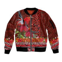 Hawaii KaUla Wena Iiwi Sleeve Zip Bomber Jacket With Tropical Plants and 'Ohi'a lehua Kakau Art Tattoo LT03 Unisex Red - Polynesian Pride